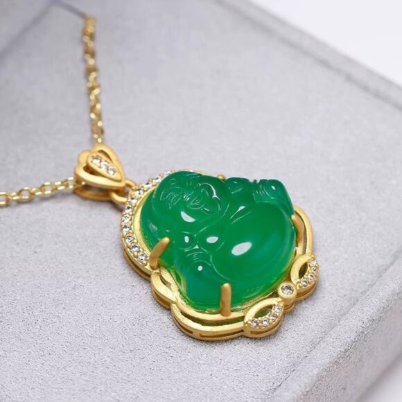 HAPPY BUDDHA PENDANT NECKLACE-925 Silver-Hotei-Green-Gold-Jewelry-Fast Shipping - Picture 8 of 11